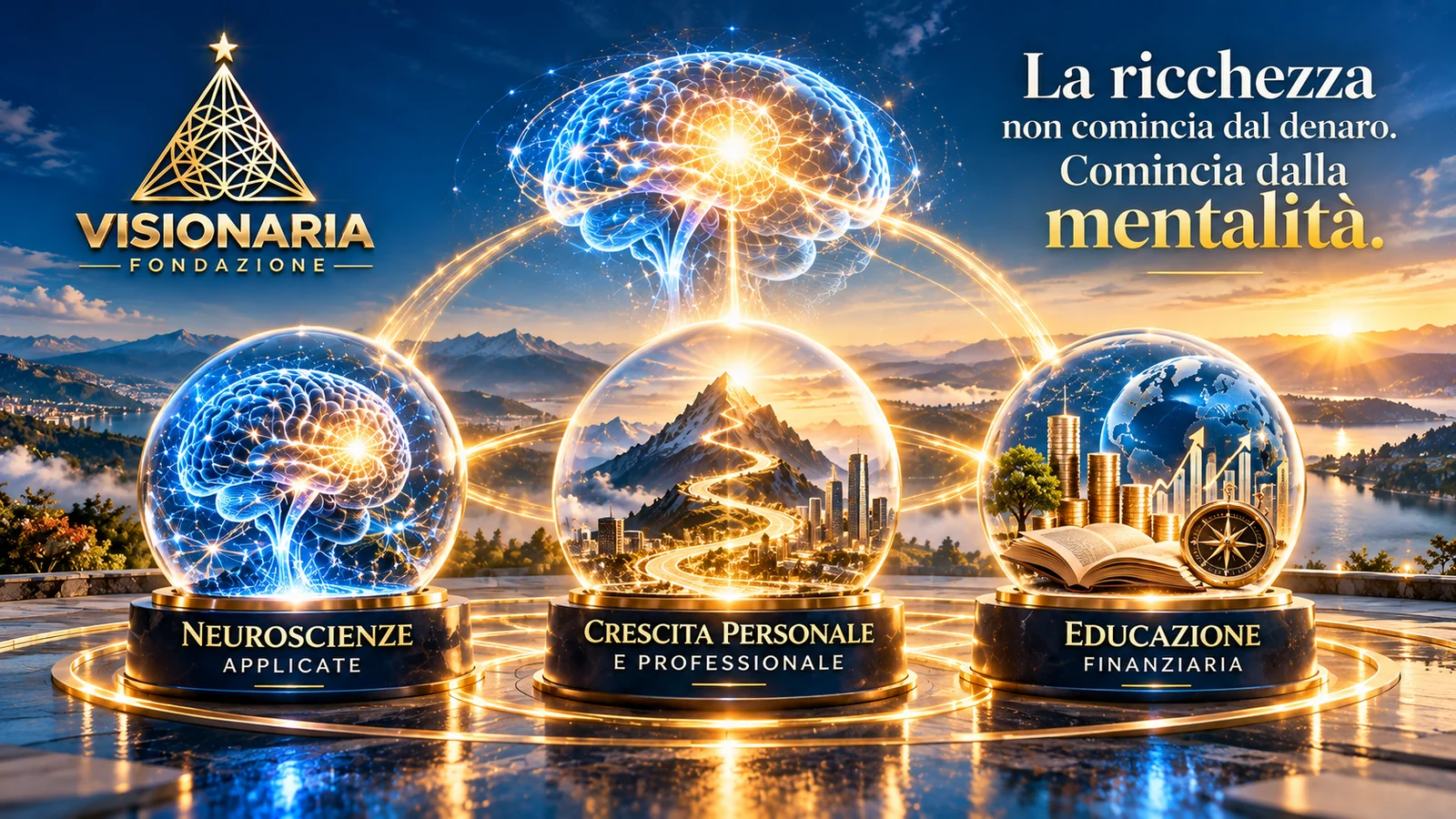 Tre sfere collegate: neuroscienze applicate, crescita personale e professionale, educazione finanziaria. Sopra, una mente luminosa e il messaggio sulla mentalità.