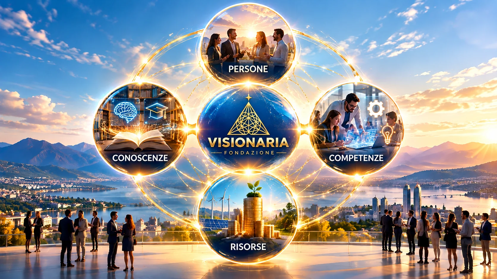 Ecosistema Visionaria: quattro sfere interconnesse, persone, conoscenze, competenze e risorse, intorno al logo della Fondazione.