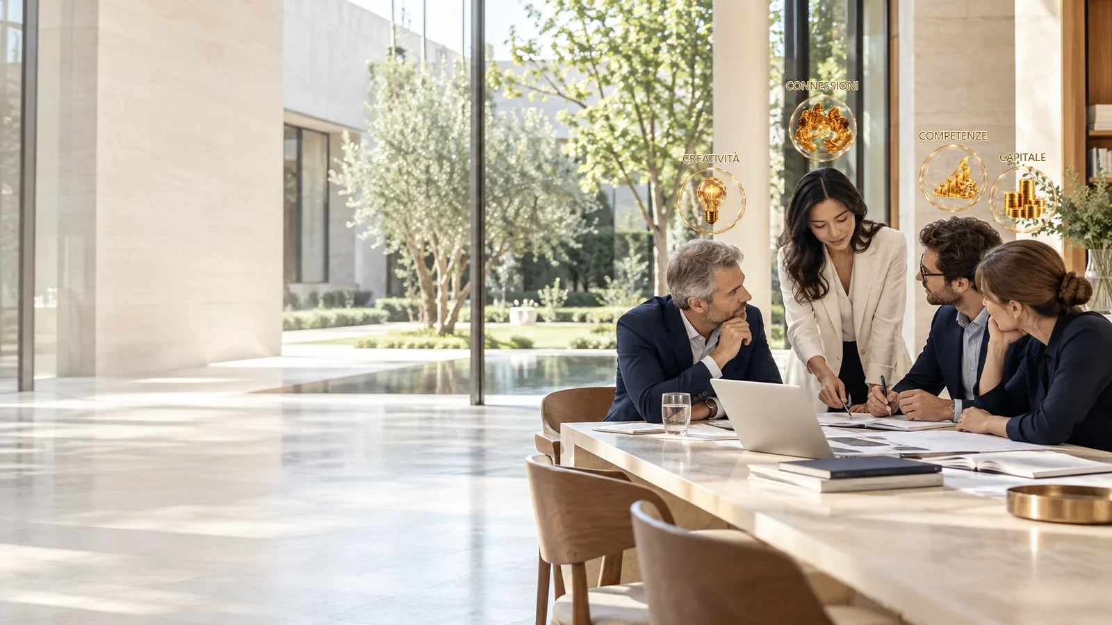Quattro professionisti associati ai concetti di Creatività, Connessioni, Competenze e Capitale