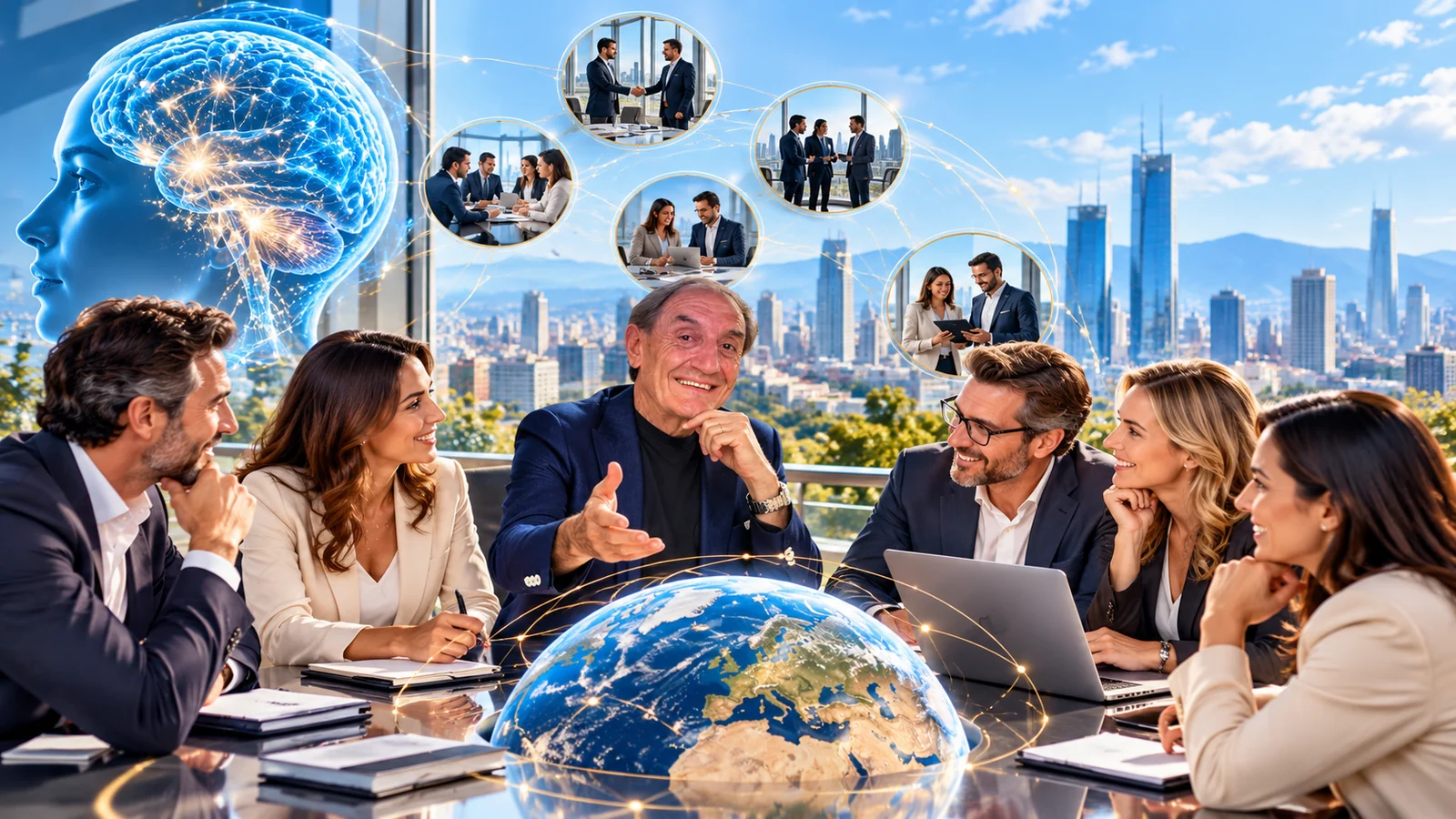 Persone che collaborano in un ecosistema di conoscenze e connessioni, con mente e globo luminosi