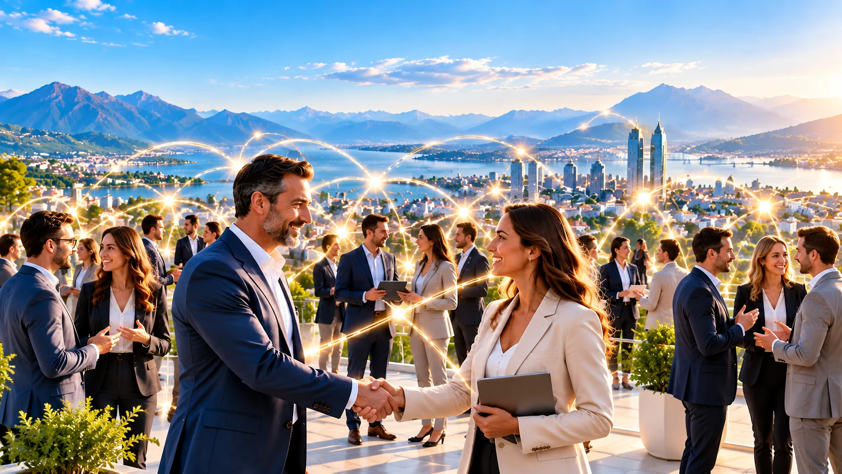 Professionisti che si incontrano e si stringono la mano durante un evento di networking diurno