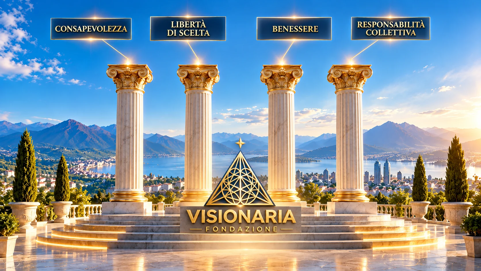 Quattro colonne simboliche rappresentano consapevolezza, libertà di scelta, benessere e responsabilità collettiva sotto il marchio Visionaria Fondazione